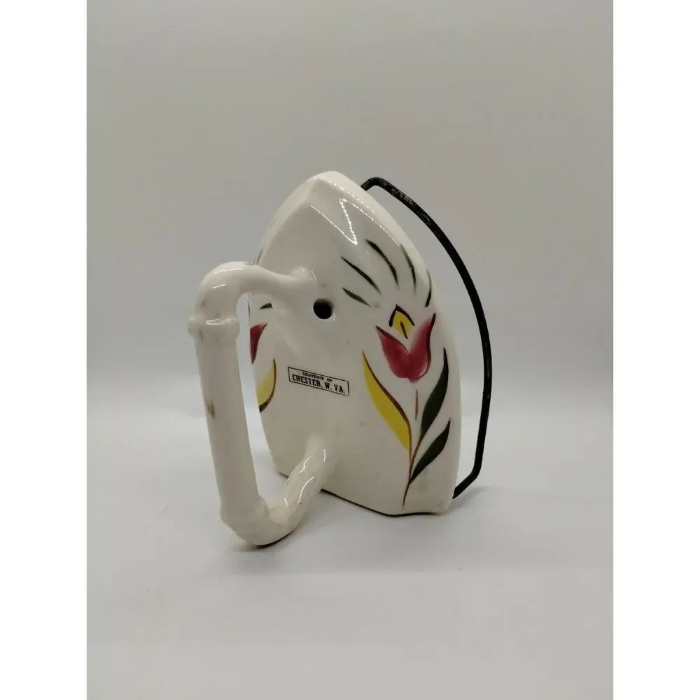 Vintage Ceramic Napkin Holder - Flat Iron Shape - Chester, W.Va. - Tulips